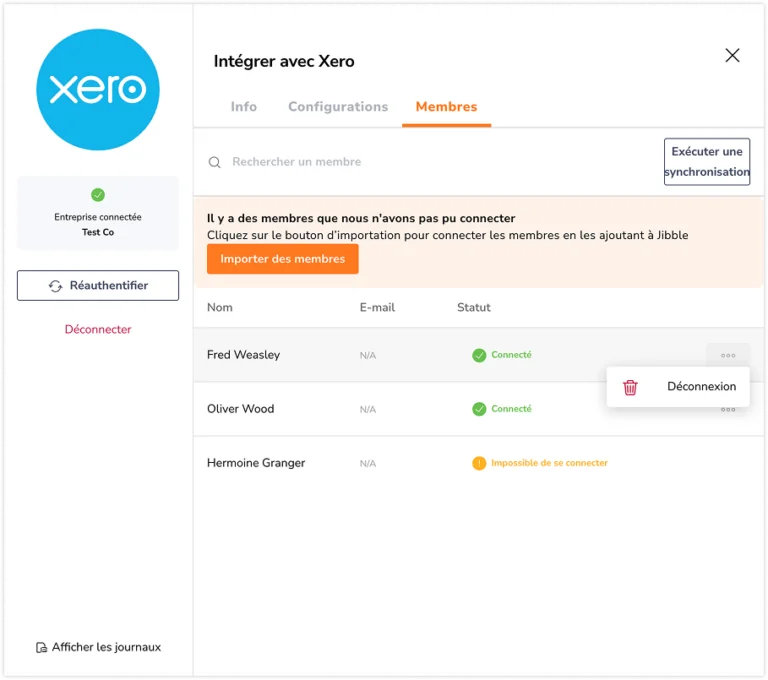 Déconnexion des membres pour l'intégration dans Xero